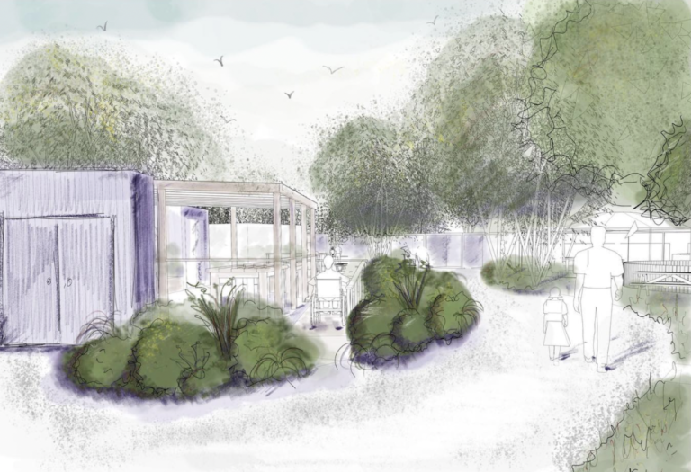 Architectural watercolour sketch showing an eye-level view of Lochhead Gardens, featuring the community larder building on the left, an adjacent covered seating area, and visitors walking along paths surrounded by green trees.