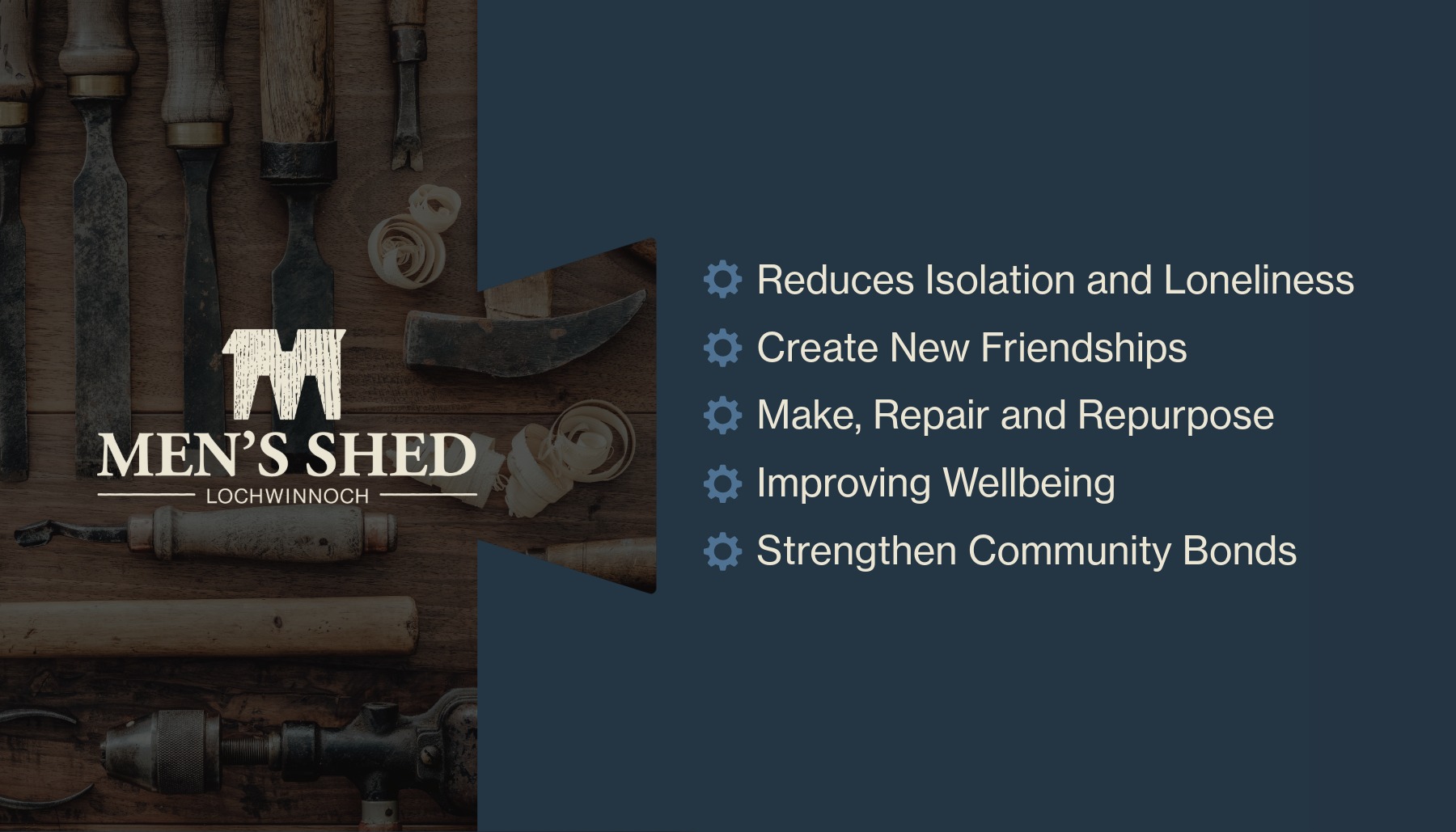 Promotional graphic for Men's Shed Lochwinnoch. Text lists key benefits: Reduces Isolation and Loneliness, Create New Friendships, Make, Repair and Repurpose, Improving Wellbeing, Strengthen Community Bonds. Background shows woodworking tools.